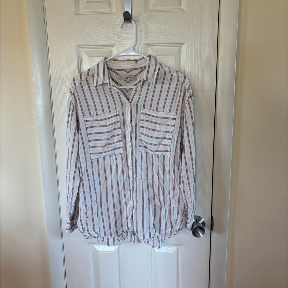 Loft Women’s White and Mauve Striped Button-Up Shirt